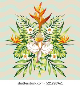 Fashion wallpaper mirror composition of tropical flowers frangipani, lotus, bird of paradise, Strelitzia, leaves banana palms and plants on the background of wavy gray mint color