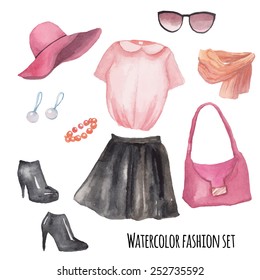 Fashion wardrobe objects set. Hand drawn watercolor clothing and accessories: leather skirt, blouse, hat, bracelet, earrings, scarf, bag, sunglasses, boots. Vector girly look