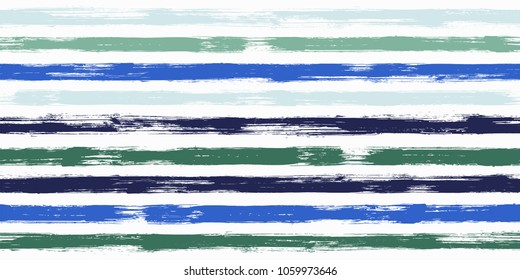 Fashion watercolor brush stripes seamless pattern. Green and blue paintbrush lines horizontal seamless texture for backdrop. Hand drown paint strokes graphic artwork. For print.