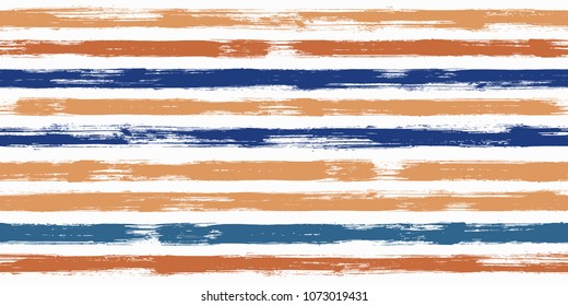 Fashion watercolor brush stripes seamless pattern. Orange, blue and brown paintbrush lines horizontal seamless texture for background. Hand drown paint strokes graphic artwork. For illustration.
