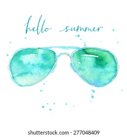 Fashion watercolor glasses illustration with text hello summer. Vector design.