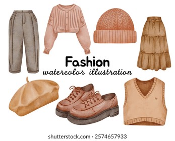 Fashion Watercolor Illustration Set - Stylish Neutral and Earth Tone Outfits with Shoes, Sweaters, Hats, and Accessories for Chic Wardrobe Designs