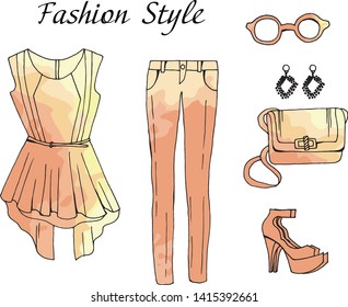Fashion watercolor sketch drawing outfit illustration including dress and accessories. Vector art illustration - Vector