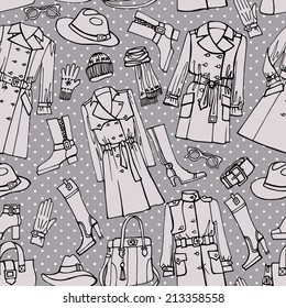 Fashion wear seamless pattern.Woman clothes set. Autumn ,winter,spring woman fashion.Polka dot background.Use for fabrics, Wallpaper,background,packaging paper,backdrop.Retro vector illustration.
