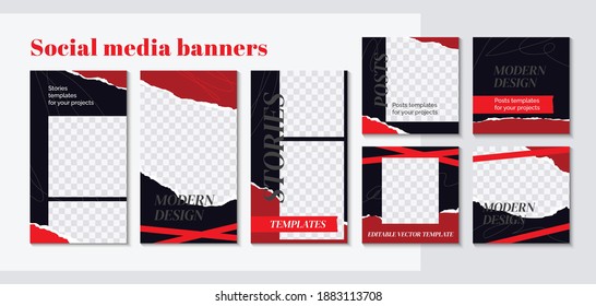 Banner web de moda para aplicaciones móviles de medios sociales en colores rojo y negro. Elegantes publicaciones en medios sociales, historias y fotos. Plantillas editables con espacio para texto. Ilustración vectorial