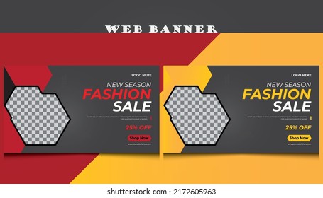 Fashion Web Banner Template, Business Marketing Design For Fashion, Style, Model. Flash Sale Facebook Cover Page Timeline Web Ad Banner Template With Photo Place Modern Layout Dark Template.