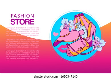 Banner de la tienda web de moda, ilustración vectorial. Pancarta de compras en línea con ropa de caricatura, accesorios y zapatos. Moda moderna para las mujeres a comprar por internet.