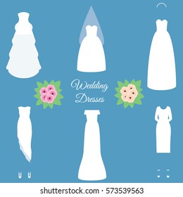 Fashion wedding dresses models. Vector illustration, icons set, design elements