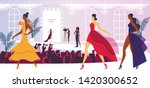 Fashion Week Event with Beautiful Women Models Walking on Podium, Presenting New Collection of Dresses. Audience Watching and Cameramen Broadcasting Presentation. Cartoon Flat Vector Illustration.