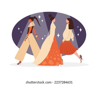 Fashion week haute couture clothing show decorative banner design with models demonstrating new collection, flat vector illustration isolated on white background.