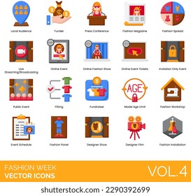 Fashion Week Icons including Agile Manufacturing, Apparel, Price Range, Asymmetric Styling, Atelier, Autumn Winter Collection, Bridal Show, Budget Fashion, Catwalk Runway, Clothes Steamer