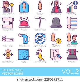 Fashion Week Icons including Agile Manufacturing, Apparel, Price Range, Asymmetric Styling, Atelier, Autumn Winter Collection, Bridal Show, Budget Fashion, Catwalk Runway, Clothes Steamer