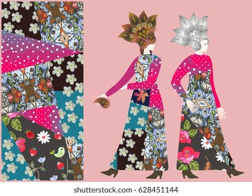 Fashion week. Invitation with pretty females in vintage patchwork dresses and paisley floral hats. Vector design.