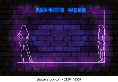 Fashion week neon frame logo for decoration and covering on the wall background. Concept of night club and  shop.
