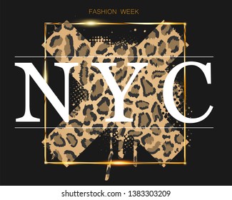 Fashion Week in New York on the background of a leopard paint cross pattern with a gold frame. Vector NYC fashion week illustration