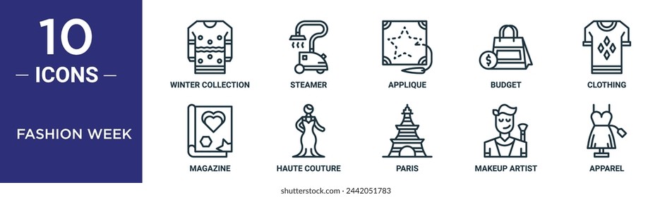 fashion week outline icon set includes thin line winter collection, steamer, applique, budget, clothing, magazine, haute couture icons for report, presentation, diagram, web design