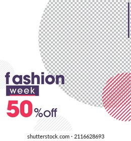 Fashion Week Sale Poster Design With 50% Discount Offer And Copy Space On White Background.