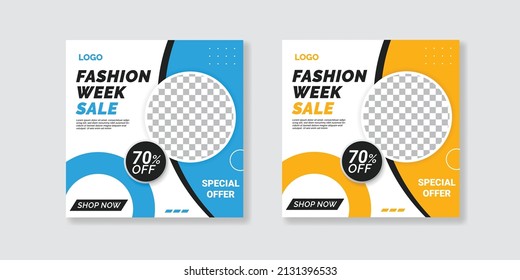 Fashion week sale social media banner template. Set of Editable square promotion banner template. Blue and yellow color and usable for social media, flyers, square banners. 