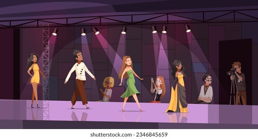 Fashion week show. Cartoon models defile catwalk in fashionable clothes, viewers take pictures and shoot, runway show, glamor entertainment, women on podium, tidy vector concept