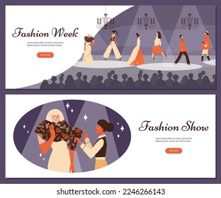 Fashion week show performance banners or flyers bundle. Backdrops design set with fashion top models dressed in haute couture clothing on runway, flat vector illustration.