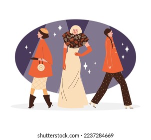 Fashion week show runway decorative banner design with models demonstrating latest designer collection, flat vector illustration isolated on white background.