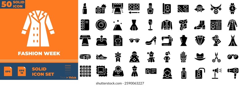 Fashion Week Solid Editable Icons set. Vector illustration in modern thin solid style of fashion week icons: stylish, fashion, business, etc
