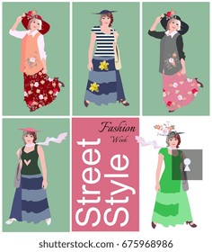Fashion week. Street style. Poster with five abstract fashion models, stylized image of keyhole and text.