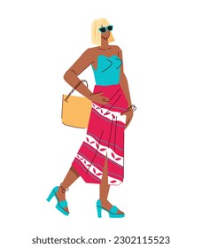 Fashion well-dressed woman character or fashion models, flat vector illustration isolated on white. Summer fashion show model. Street style concept.