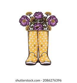 Fashion Wellies With Flowers. Yellow Spotted Rubber Boots For Rainy Spring Or Autumn Season. Vector Sketch Illustration Isolated On A White Background.