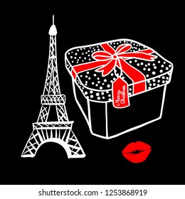 Fashion white sketch gift box with a red bow. Merry Christmas Paris Eiffel Tower. Vector illustration handdrawing on black background