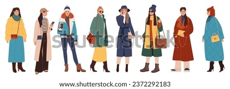 Fashion winter cloth. Fashionable woman. Girl in autumn coat. Trendy outfit. Warm scarf and hat. Casual apparel. Cold season garment. Beauty sweater and skirt. Vector standing people set