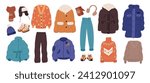 Fashion winter clothes. Modern warm wear, casual style, down jackets, parkas and bombers, knitted sweaters, hats and scarves, jackets and boots. Cartoon flat isolated