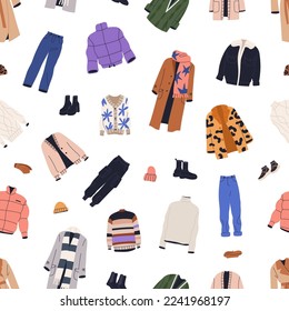 Fashion winter clothes pattern. Seamless background with warm casual apparel for cold season. Coat, scarf, jacket, sweater, hat, repeating print of autumn wardrobe. Repeatable flat vector illustration