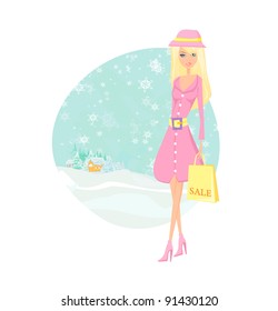 fashion winter girl with shopping bags