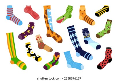 Fashion winter socks, cute items. Trendy cotton collection with avocado, funny animals and geometric prints. Stylish woolen knitwear. Warm textile clothes. Vector cartoon current illustration