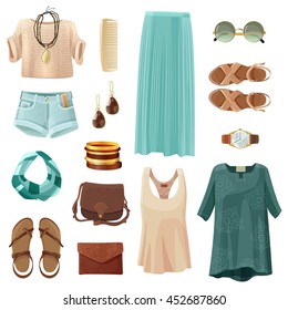 Fashion woman accessories clothing and shoes in pastel colors set for stylish summer look on white background flat isolated vector illustration