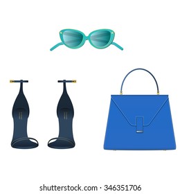 Fashion woman accessories. Sunglasses, sandals, handbag, colorful vector fashion set. Isolated vector on white background