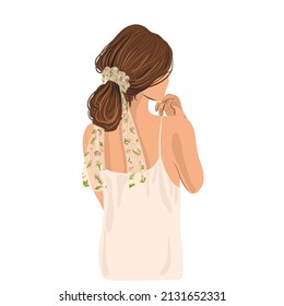 Fashion woman back view. Beautiful girl in dress and scrunchy  with flower embroidery. Fashion illustration.