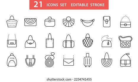 Fashion woman bags icons set. Different pictogram sign. Editable stroke logo design. Shopper, backpack, clutch bag types doodle icon collection. Store application isolated element. Vector illustration