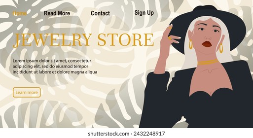 Fashion woman banner for online jewelry store. Elegant girl in dress and floral background.