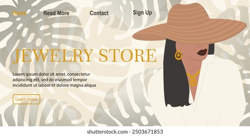 Fashion woman banner for online store. Elegant girl in hat and floral background.