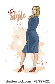 Fashion woman. Beautiful young woman in stylish dress. Fashion model posing. Casual style. Hand drawn sketch. Vector fashion illustration.