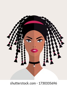 Fashion woman with black hair in flat style. Vector illustration