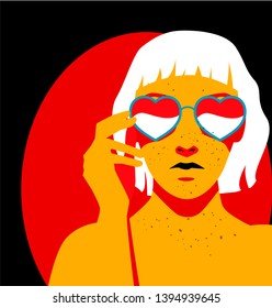 Fashion woman with blonde bob haircut and freckled skin on black background wearing heart-shaped sunglasses. Retrowave/ Vaporwave Zine Culture Comic style, print for t-shirt, notebook, poster.