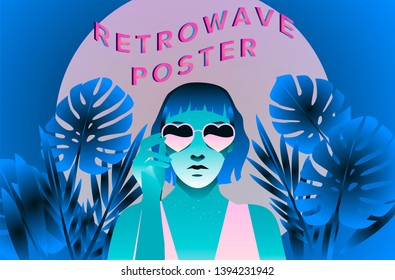 Fashion woman with bob haircut and blue skin on palm tree background wearing heart shaped sunglasses, fashion retrowave/ synthwave 80s-90s style vector illustration.
