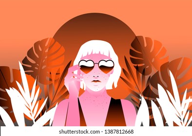 Fashion woman with bob haircut and monstera palm leaves wearing heart-shaped sunglasses. Retrowave/ Vaporwave Zine Culture Collage Comic style, print for t-shirt, notebook, poster, cover. 