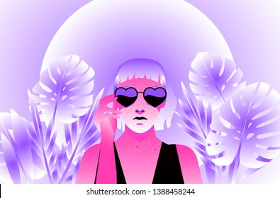 Fashion woman with bob haircut and monstera palm leaves wearing heart-shaped sunglasses. Retrowave/ Vaporwave Zine Culture Collage Comic style, print for t-shirt, notebook, poster, cover. 