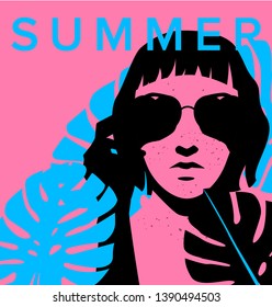 Fashion woman with bob haircut and monstera palm leaves wearing heart-shaped sunglasses. Retrowave/ Vaporwave Zine Culture Collage Comic style, print for t-shirt, notebook, poster, cover. 