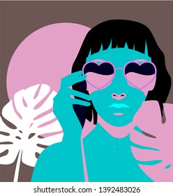 Fashion woman with bob haircut and monstera palm leaves wearing heart-shaped sunglasses. Retrowave/ Vaporwave Zine Culture Collage Comic style, print for t-shirt, notebook, poster, cover. 