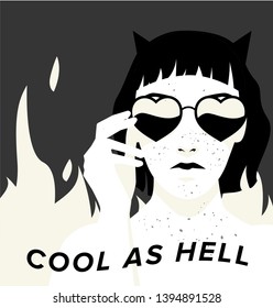 Fashion woman with bob haircut on fire background wearing heart-shaped sunglasses. Retrowave/ Vaporwave Zine Culture Comic style, print for t-shirt, notebook, poster, cover. 